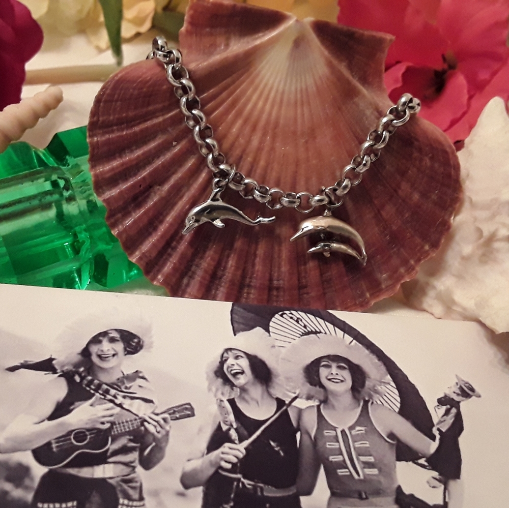 VTG. BEAU 925 STERLING DOLPHIN ROLO CHARM BRACELET